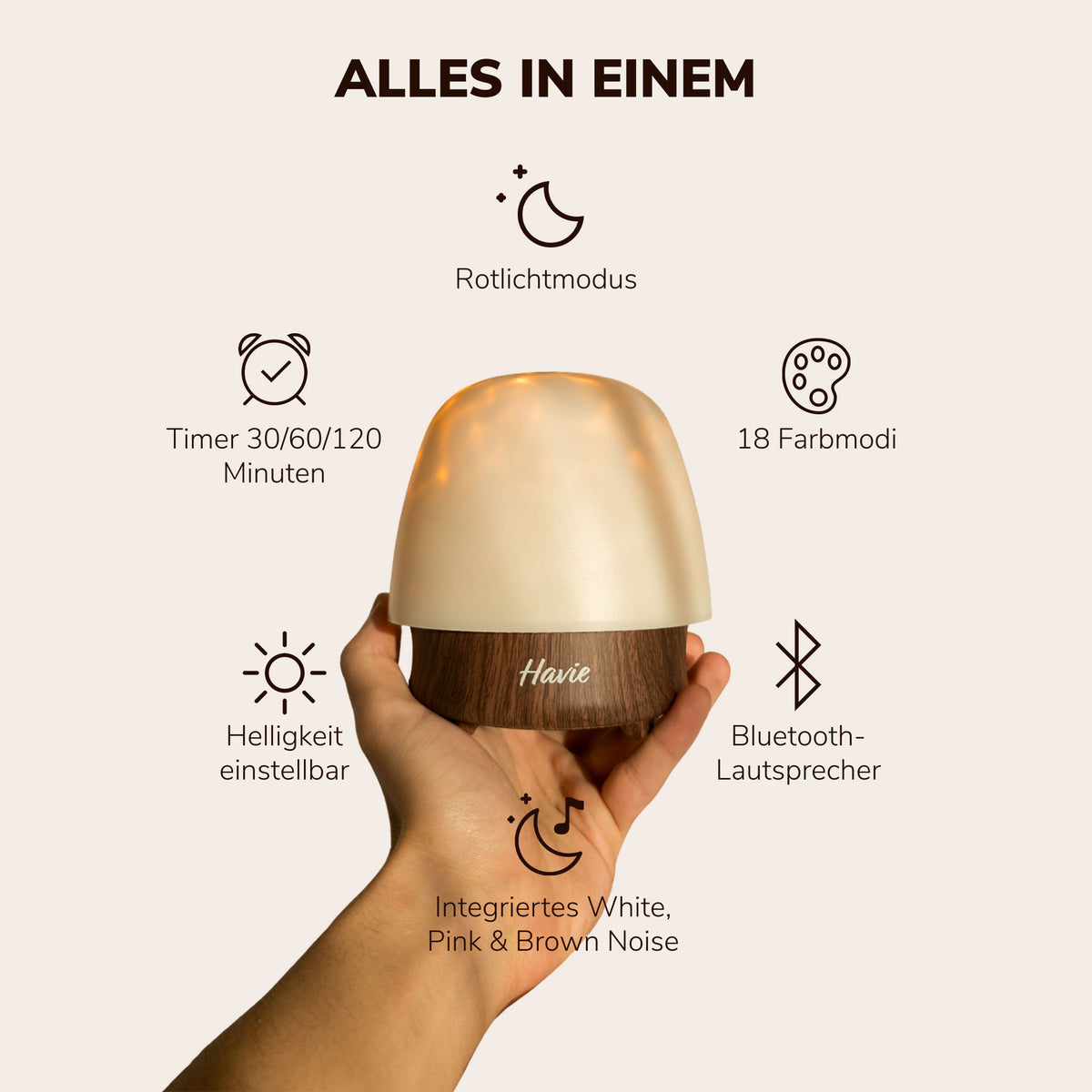 Havie, alles in einem: rotes Licht, 18 Farben, Timer, einstellbare Helligkeit, Bluetooth-Lautsprecher und integrierte Einschlafsounds.