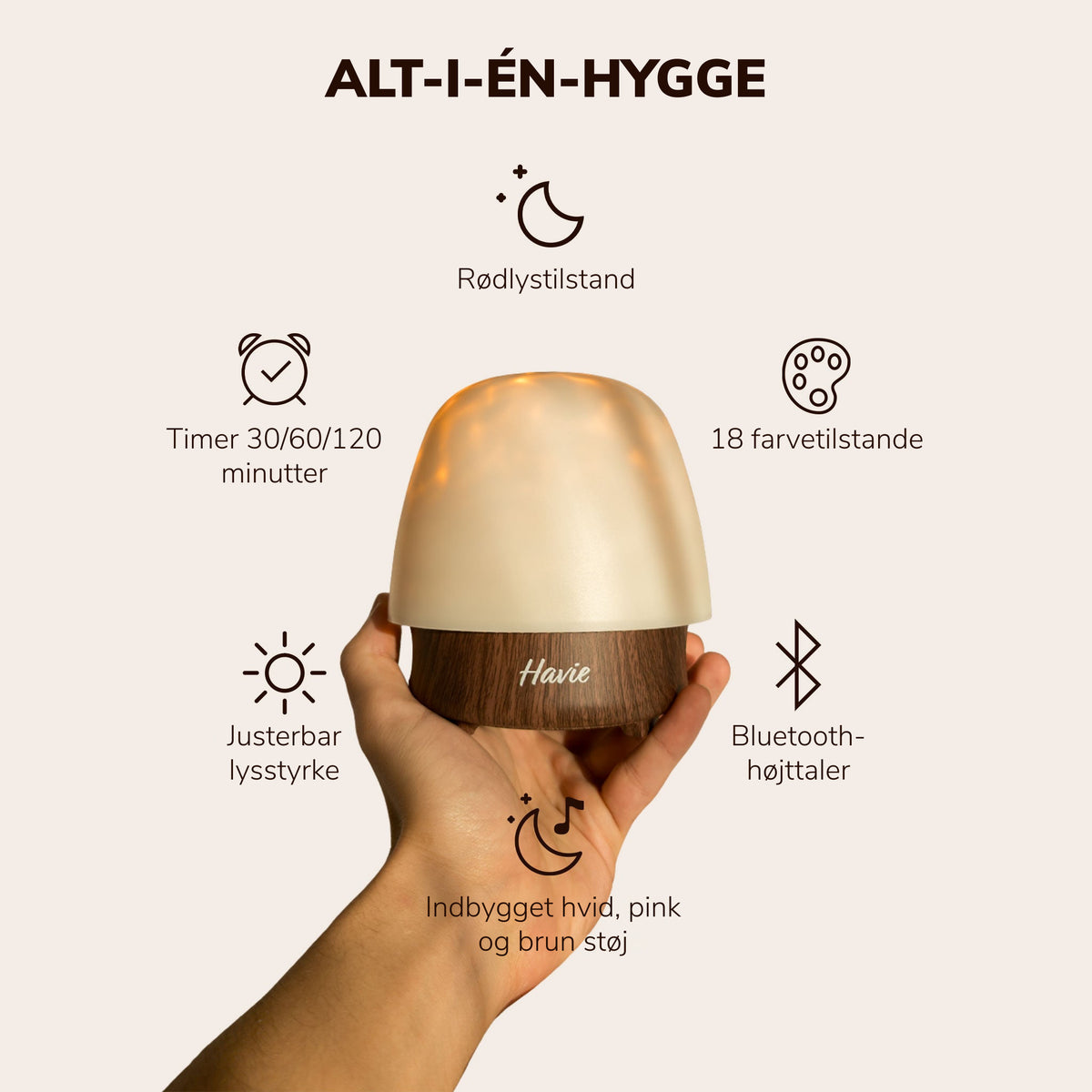 Havie, alt i én: rødt lys, 18 farver, timer, justerbar lysstyrke, Bluetooth-højttaler og indbyggede søvnlyde.